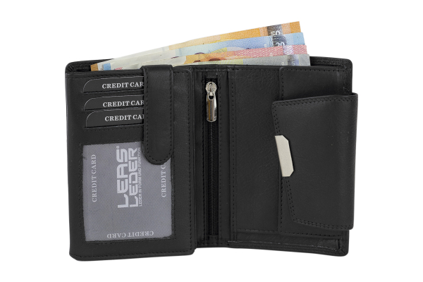 Damenbörse Portemonnaie Geldbörse im Hochformat LEAS in Echt-Leder, schwarz 13x9,5cm (LxB)